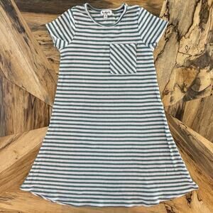 KidPik Girls Short Sleeve Green & Cream Striped Ribbed Swing Dress-Small/7Y-8Y